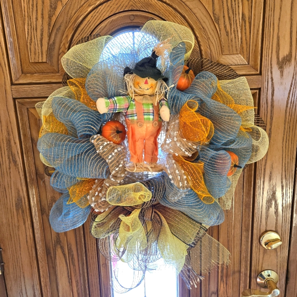 Handcrafted Burlap & Mesh Fall Wreath with Scarecrow, 22" Diameter